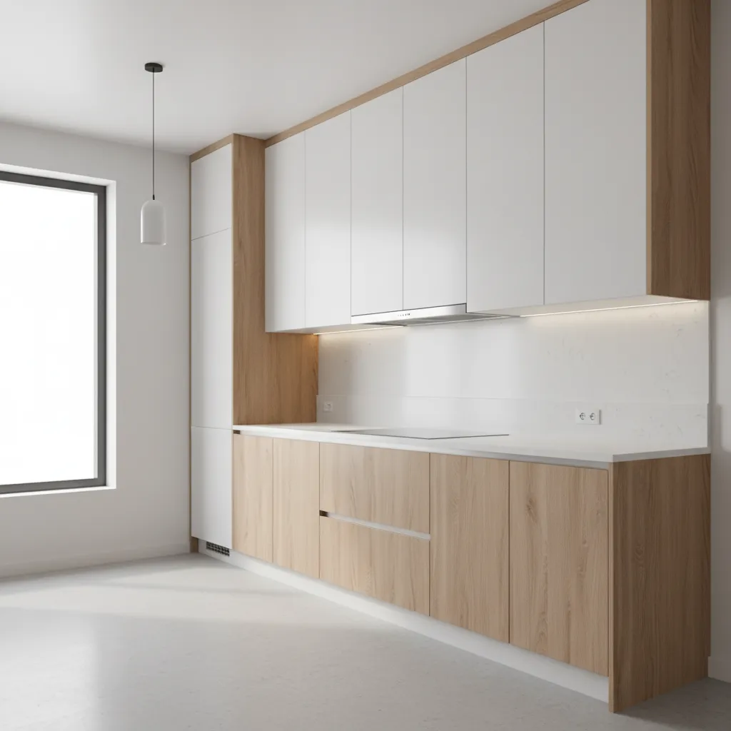 Modern modular kitchen overview with cabinets and countertop layout