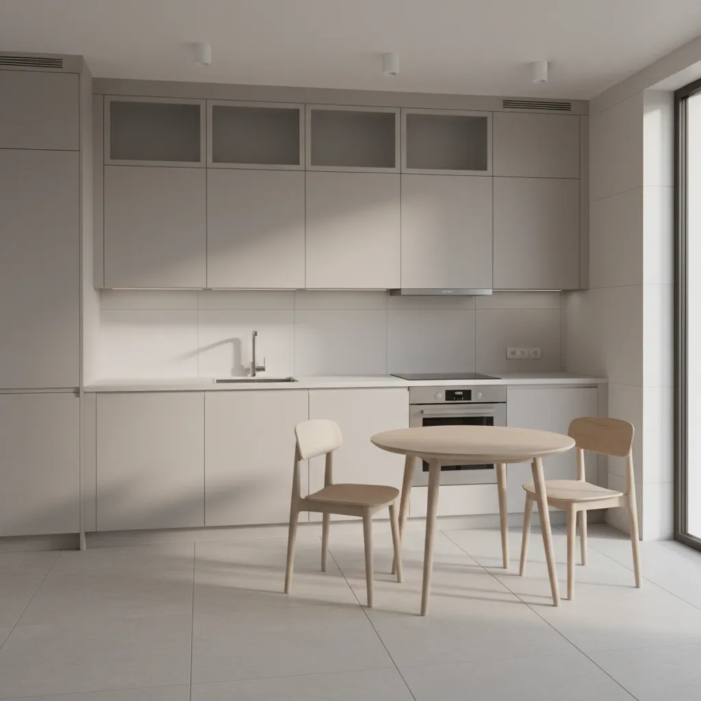 Modern modular kitchen layout with cabinets and appliances in a compact home