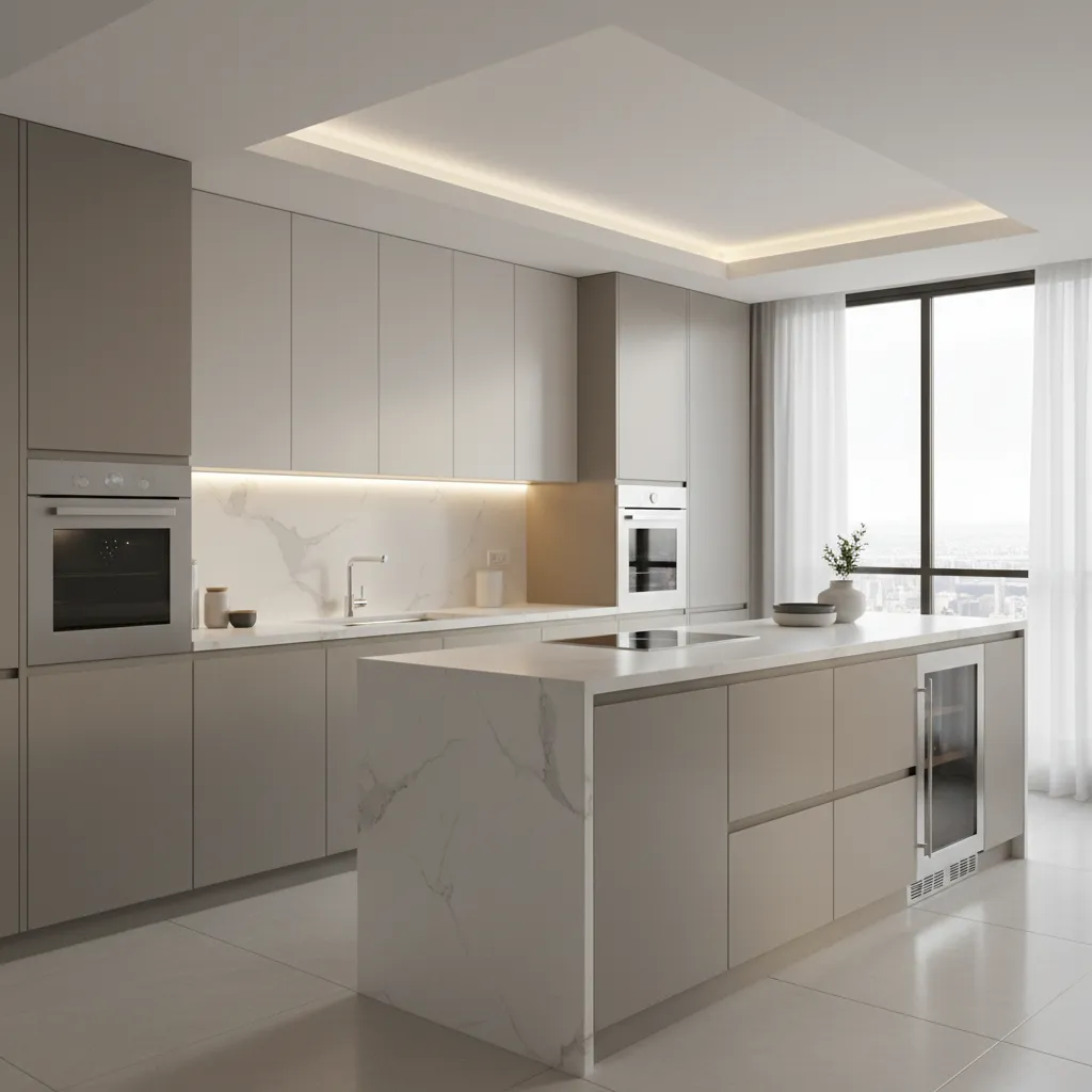 Modern kitchen design with beige cabinets marble island white curtains city view and ceiling light