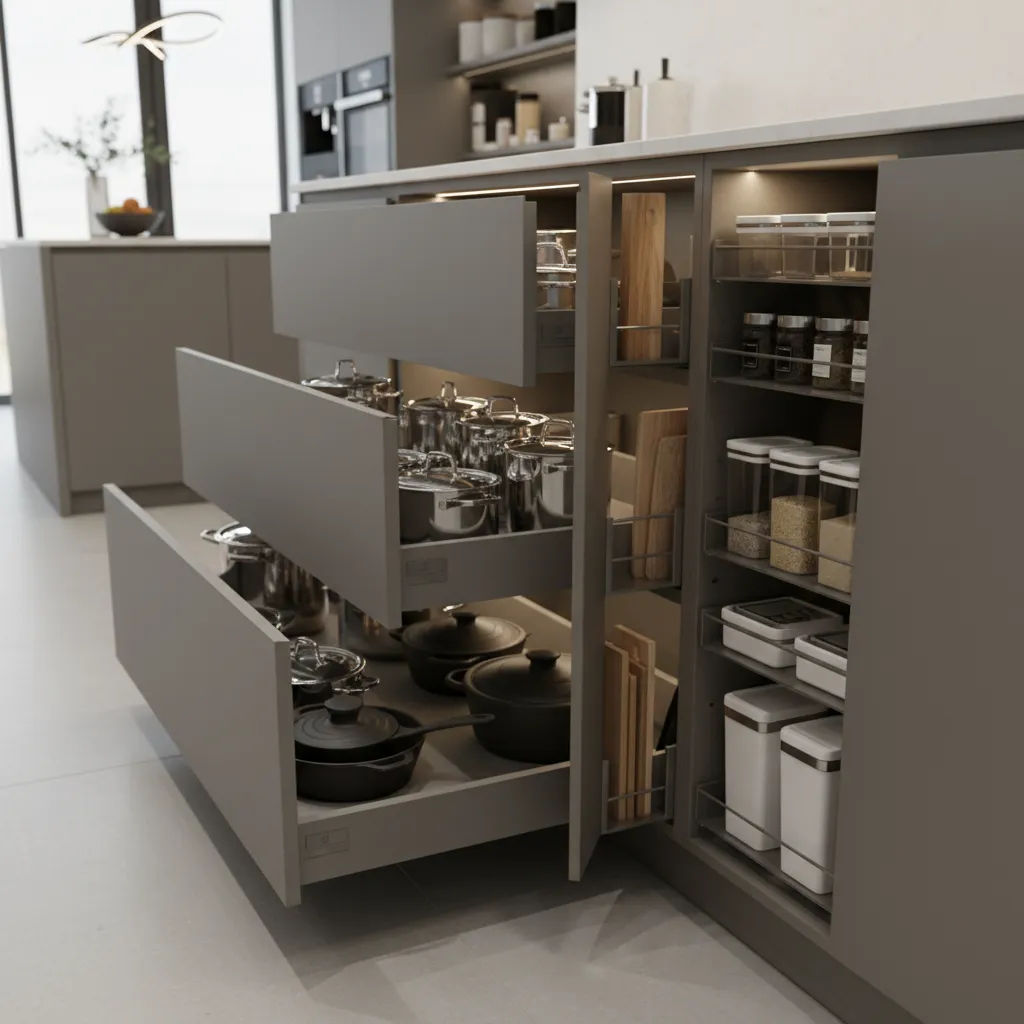 Modular kitchen pull out cabinet storage in small kitchen