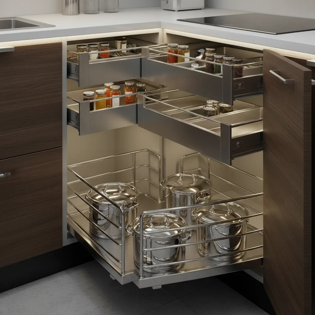 Pull out drawers and corner storage accessories in modular kitchen cabinets