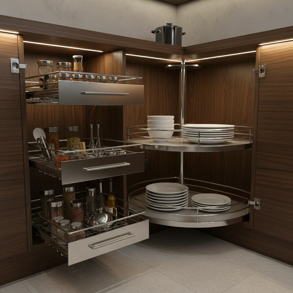 Corner wooden kitchen cabinet with rotating metal shelves for plates and pull out spice rack
