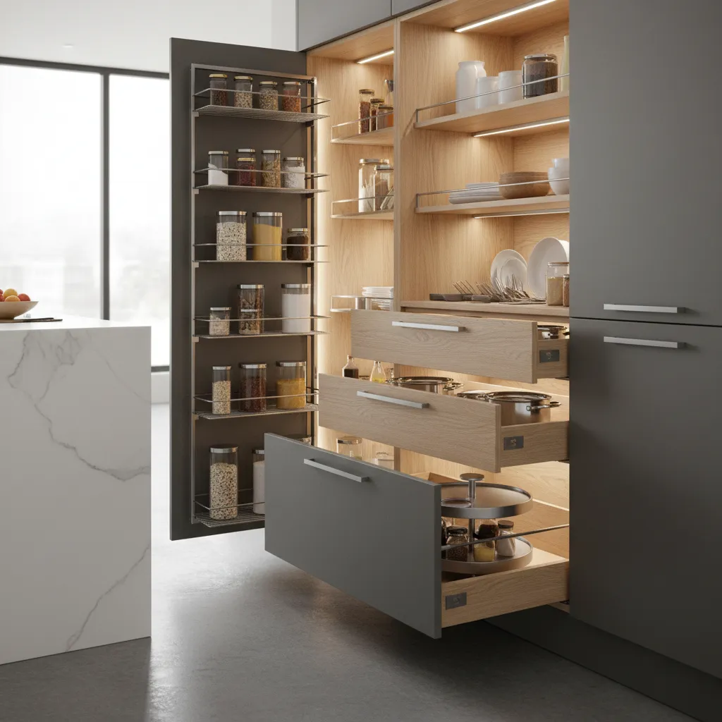 Pull-out pantry and modular kitchen storage accessories inside cabinets