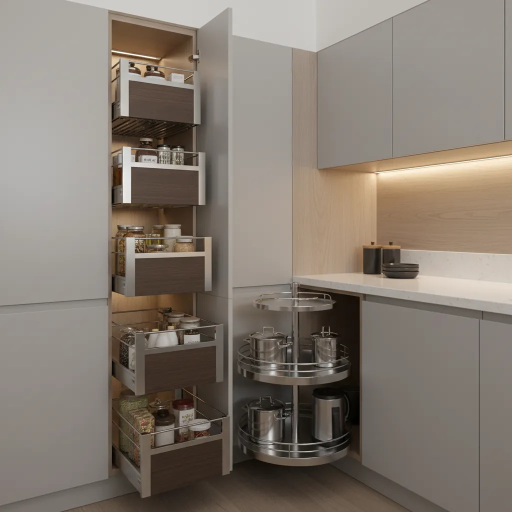 modular kitchen pull out storage drawers and corner carousel organizer