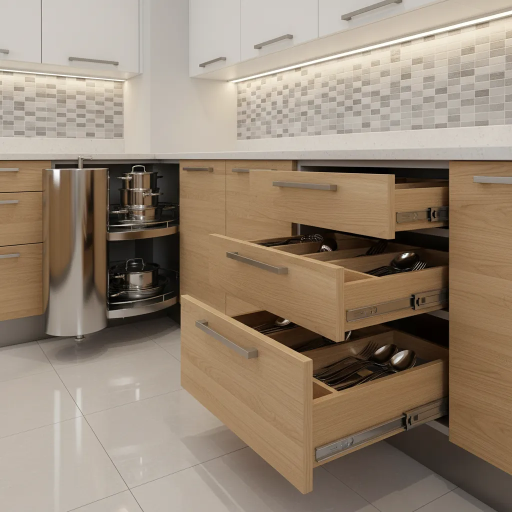 modular kitchen storage accessories like pull out drawers and corner units