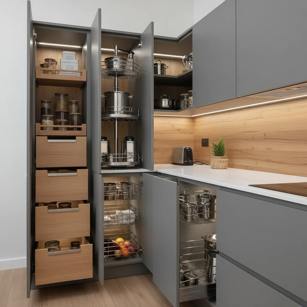 modular kitchen pull out drawers pantry unit and corner storage system