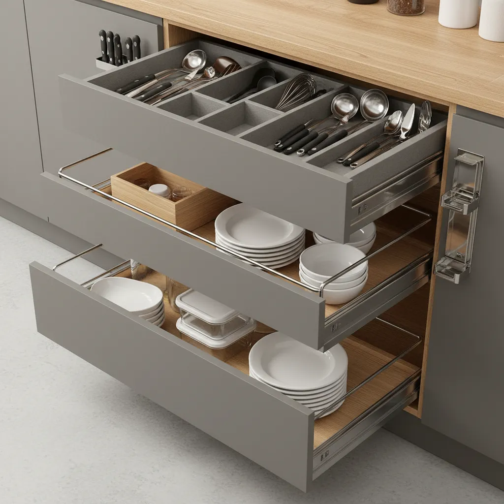 Modular kitchen pull-out drawers and organized cabinet storage systems