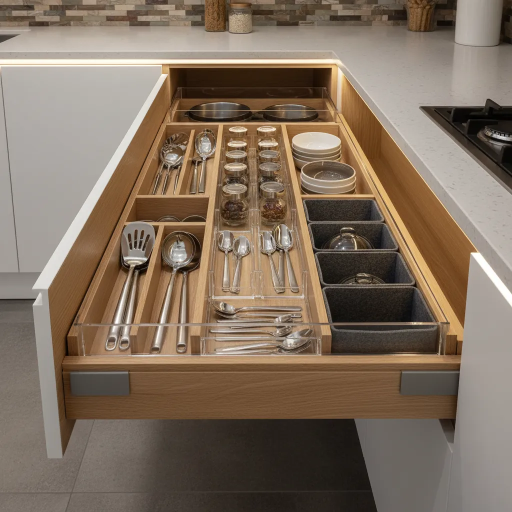 modular kitchen drawers with organized storage and soft close hardware system