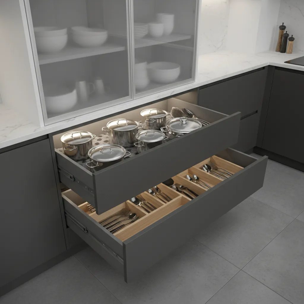 Deep drawer modular kitchen storage system for utensils