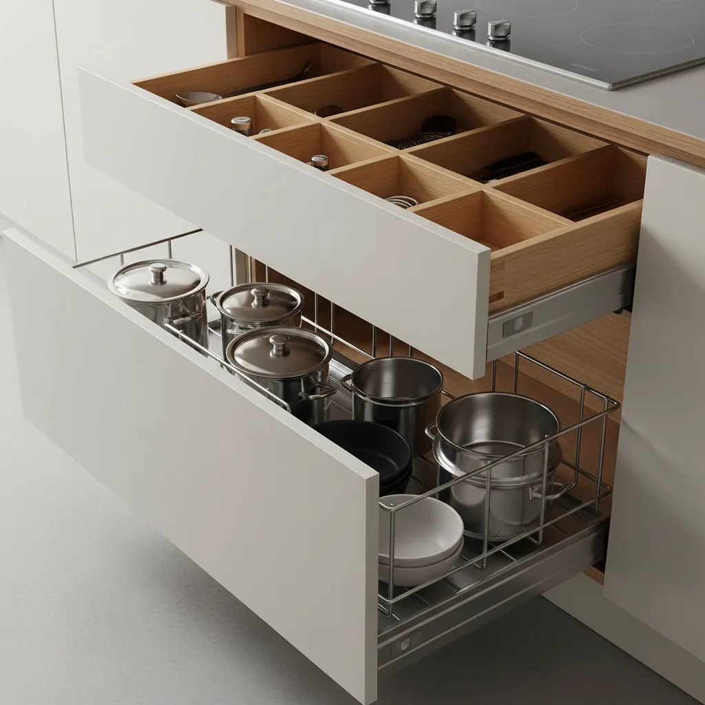 modular kitchen drawers and pull out storage system in indian kitchen
