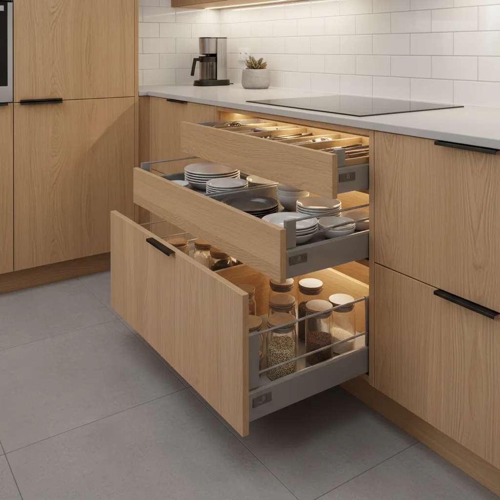 Modern modular kitchen with smart storage drawers and pull-out cabinets