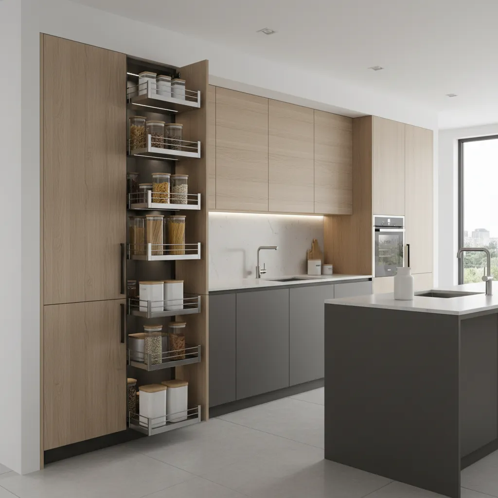 Modern modular kitchen cabinet with pull-out pantry storage system