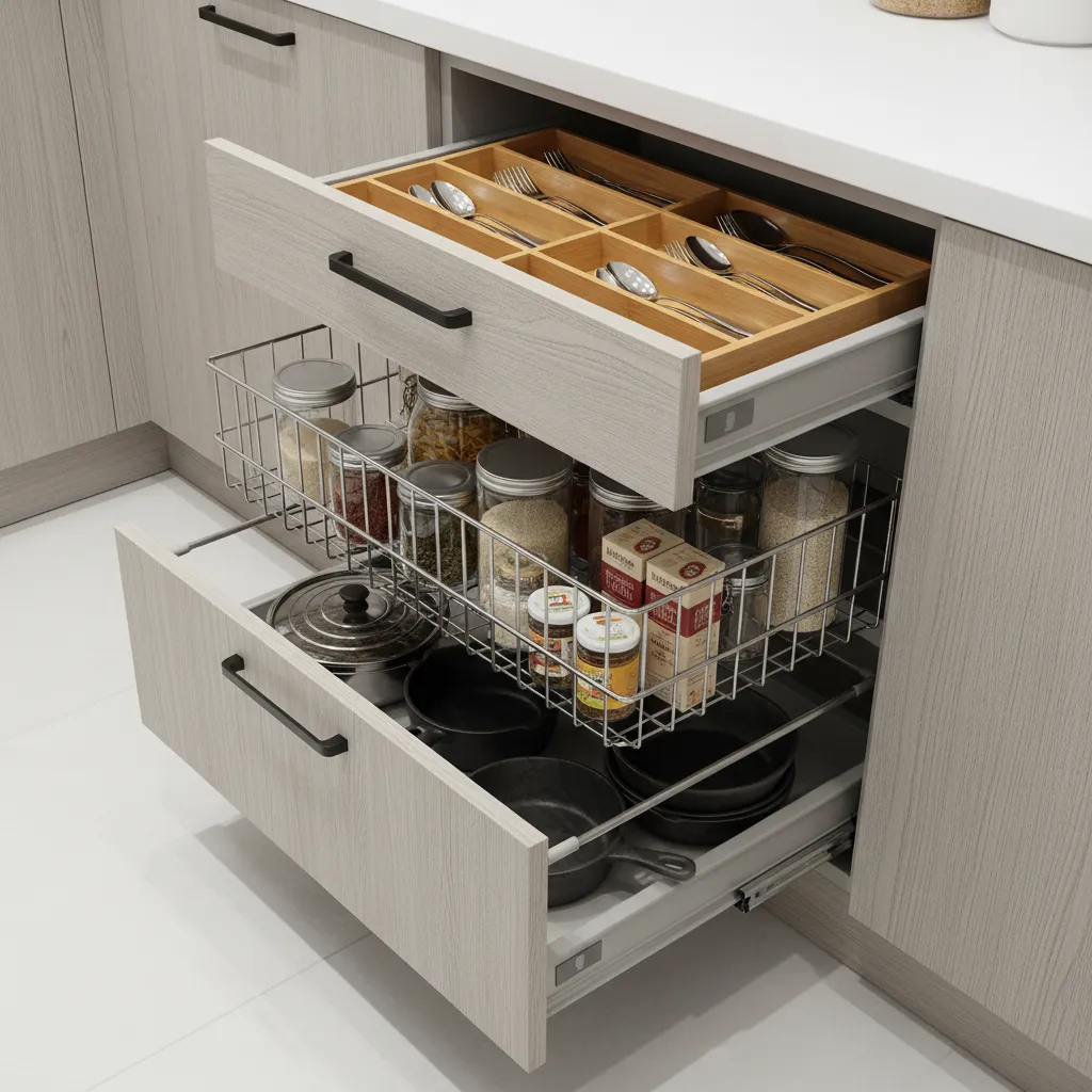 Open kitchen drawers showing wooden cutlery tray, metal wire basket with jars, and pots storage