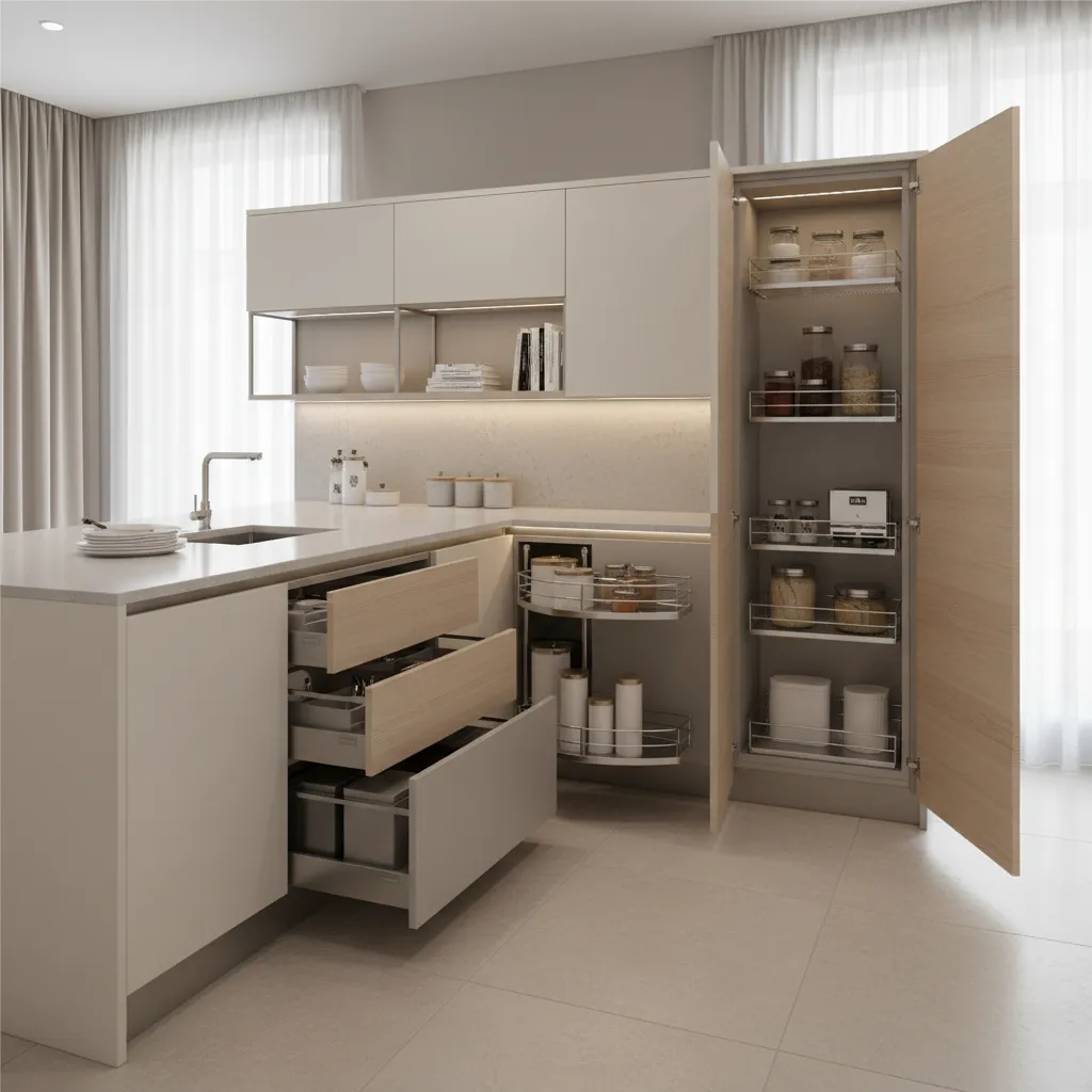 modern modular kitchen storage solutions with pull out drawers and pantry organization