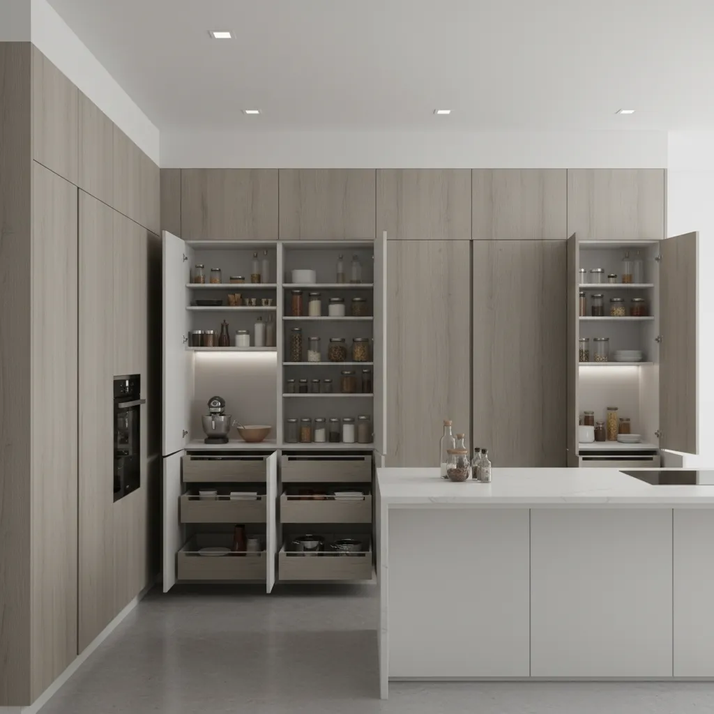 modular kitchen storage drawers and tall pantry cabinets