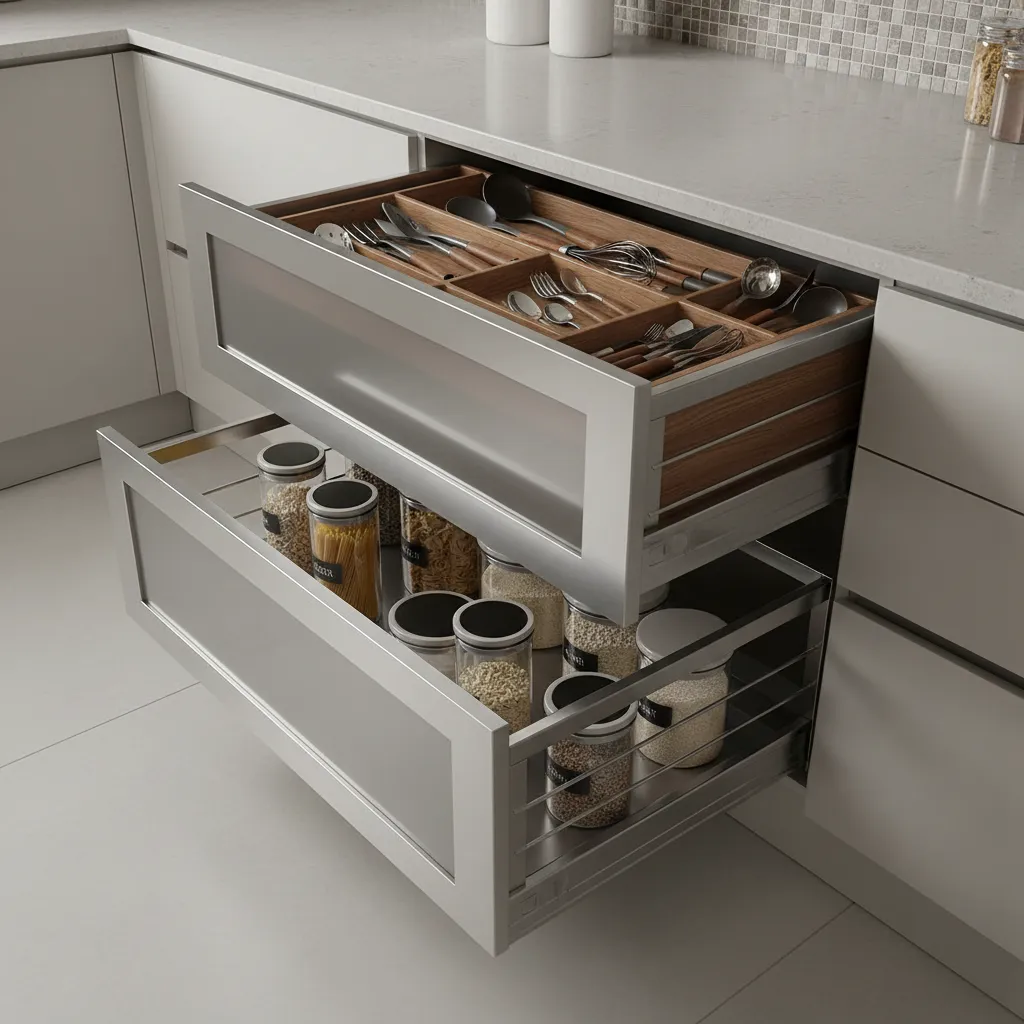 Pull-out drawers and modular kitchen storage accessories