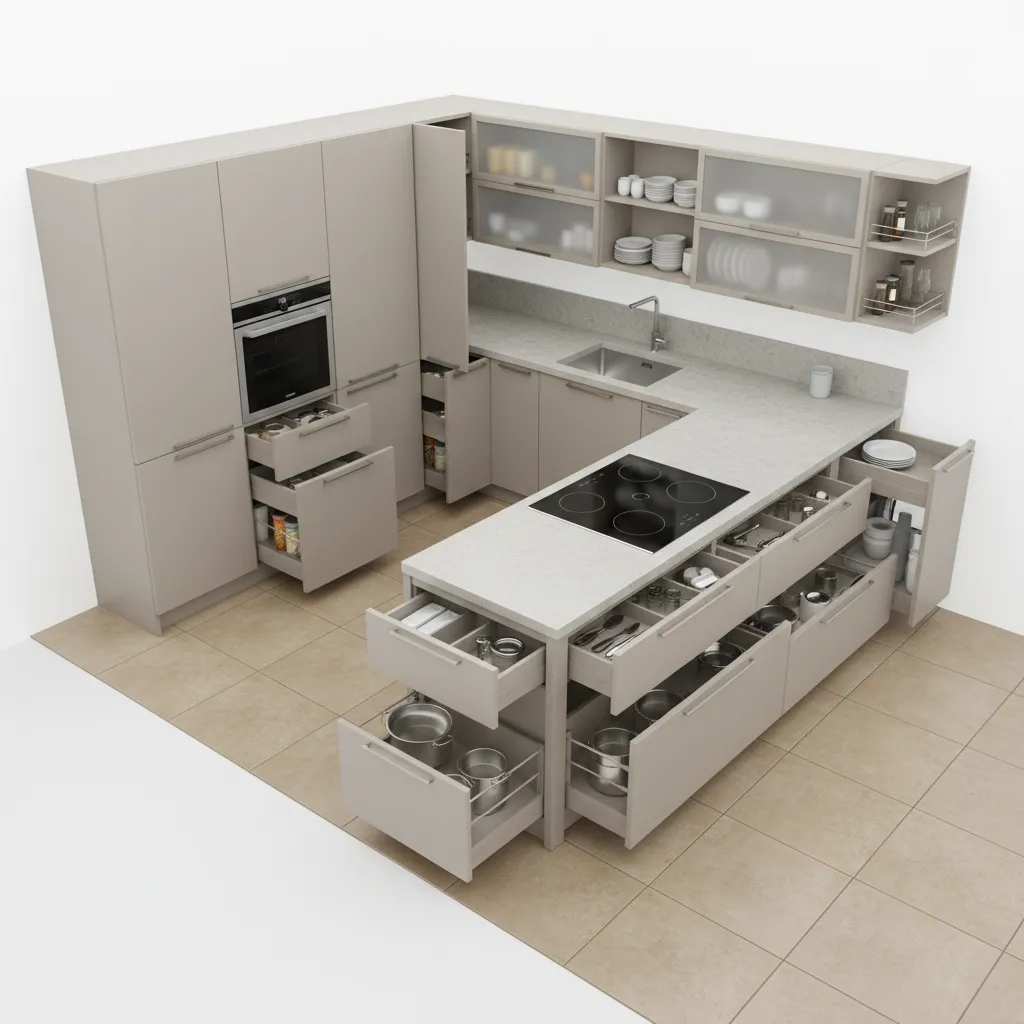 modular kitchen storage zones and cabinet layout visualization
