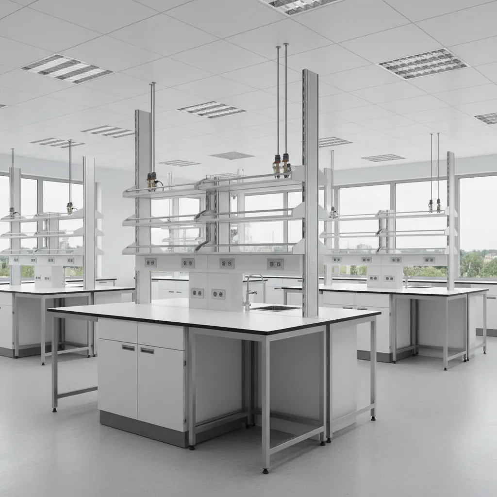 Modern white laboratory interior design drawing with modular workbenches, storage shelves, large windows, and light fixtures