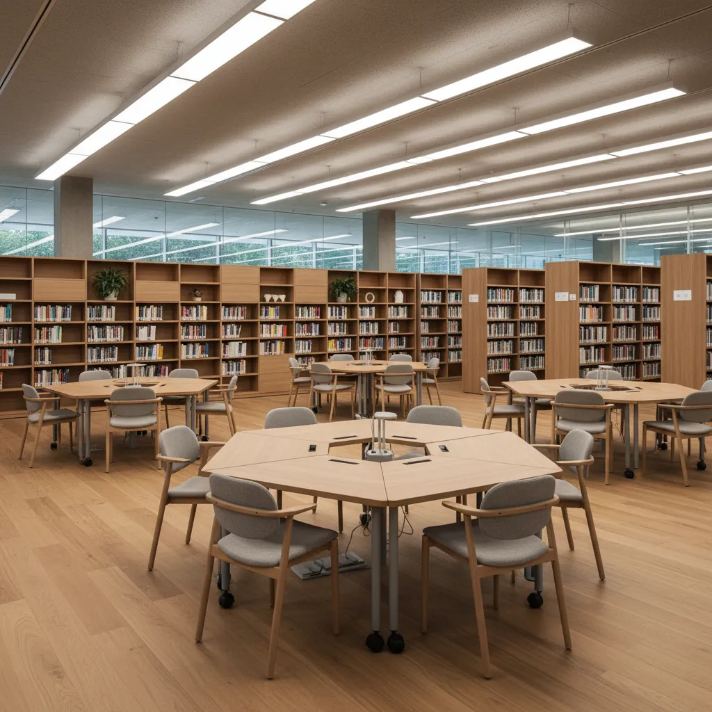 flexible modular furniture layout inside a modern library study area