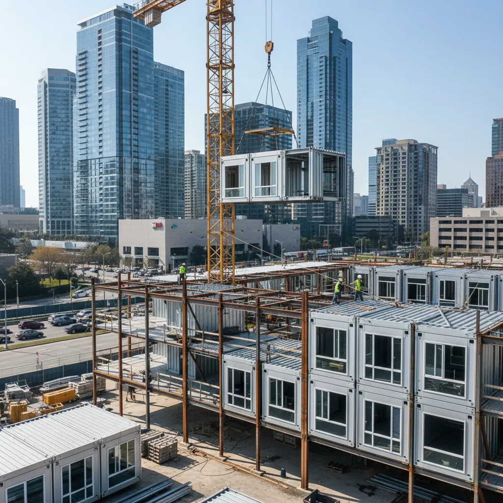 Modular lightweight housing units being assembled on a construction site
