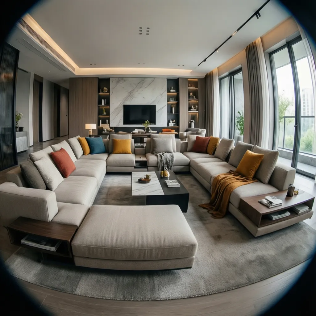 Salón moderno con sofá modular y distribución flexible