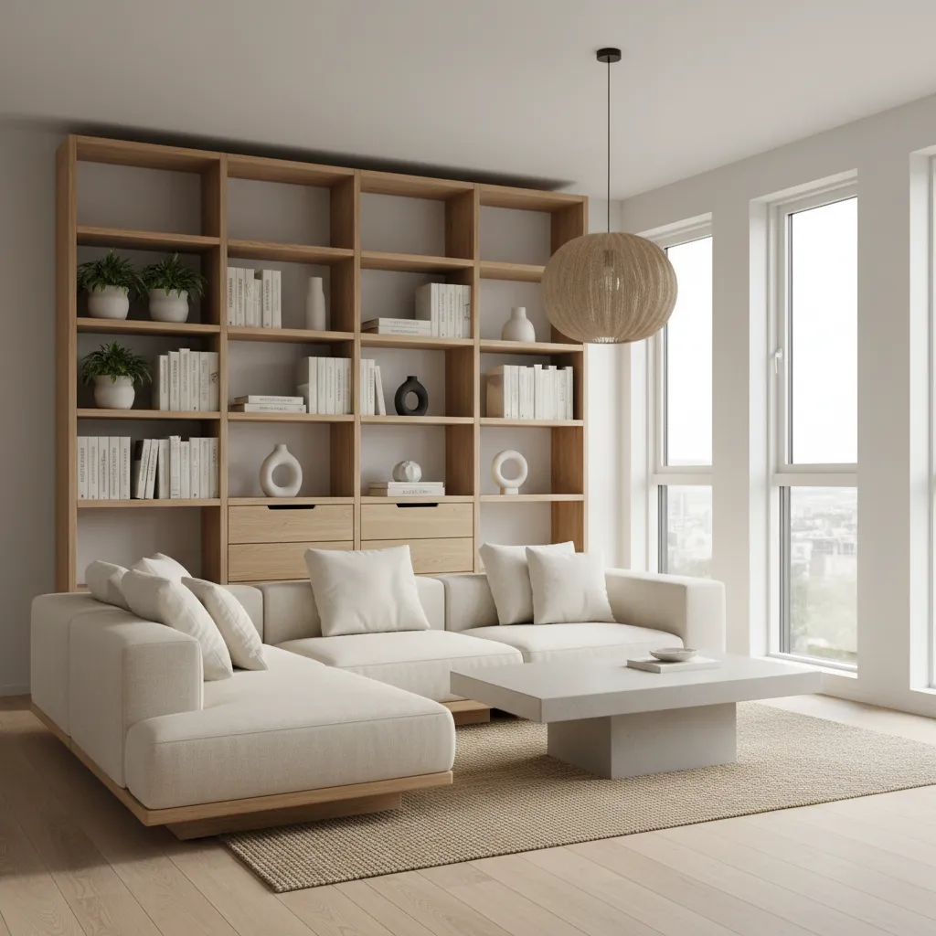 Modern living room featuring white sofa, wooden bookshelf, low coffee table, rug, and ceiling light