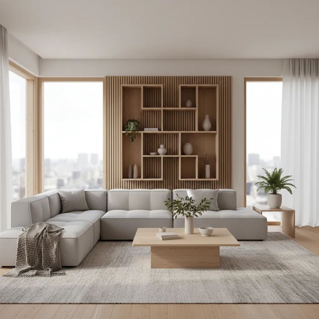 Modern living room with grey sofa wooden coffee table grey rug and wooden wall panel