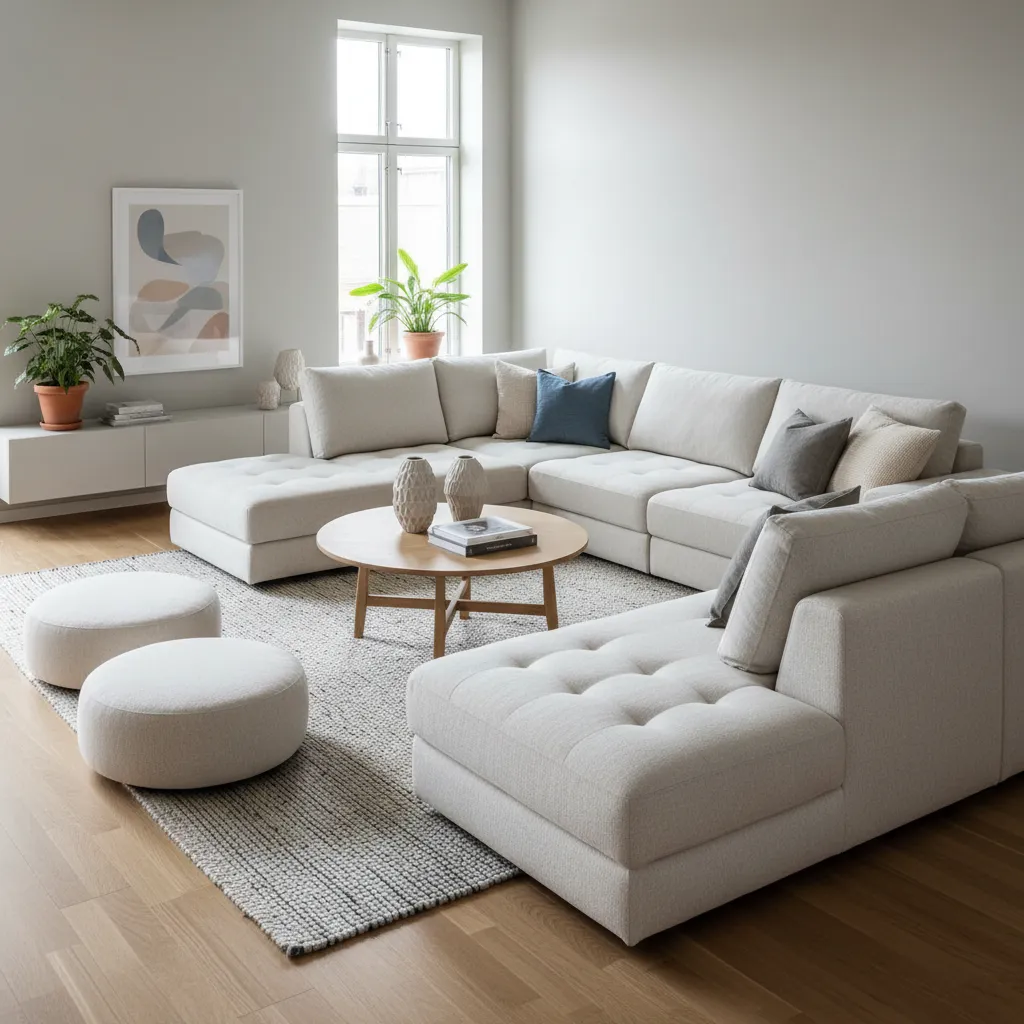 Sala de estar con sofá modular reorganizado en diferentes configuraciones
