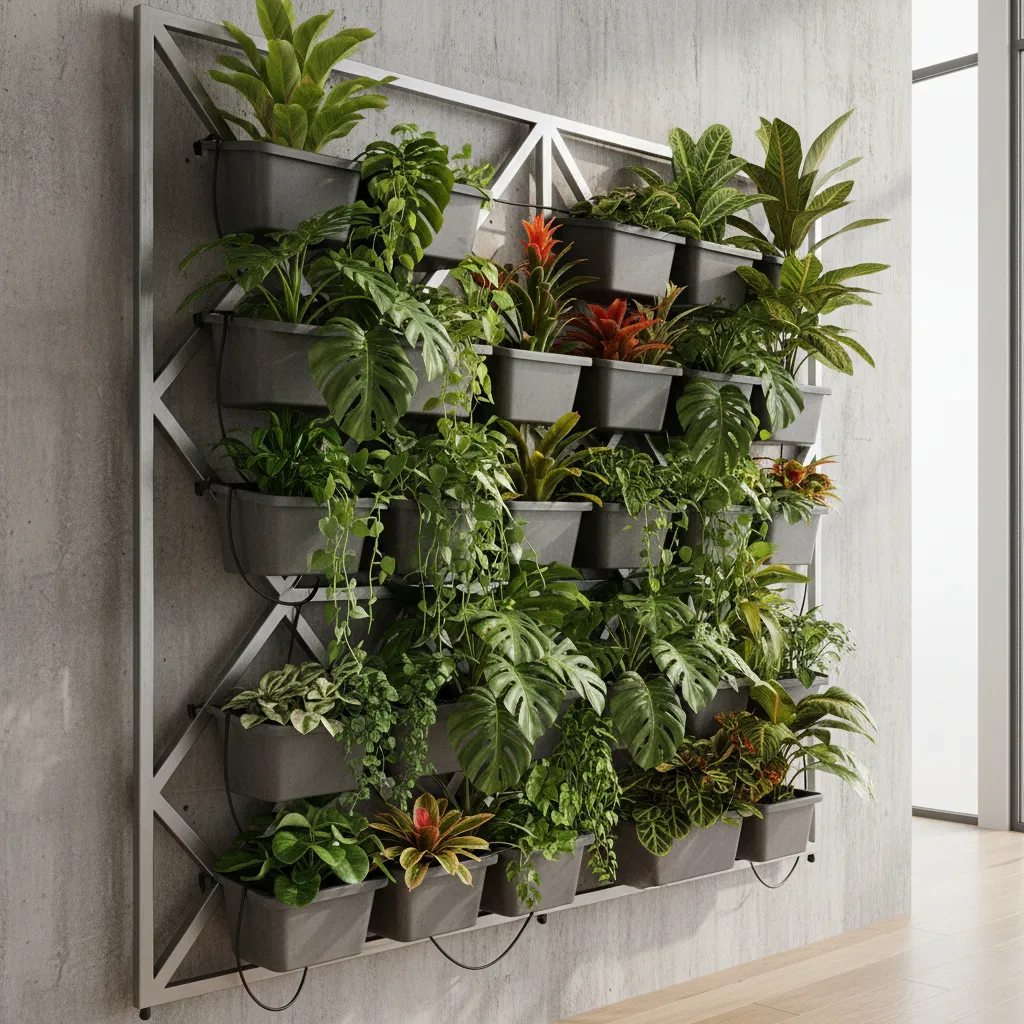 modular vertical garden system with container modules and irrigation lines