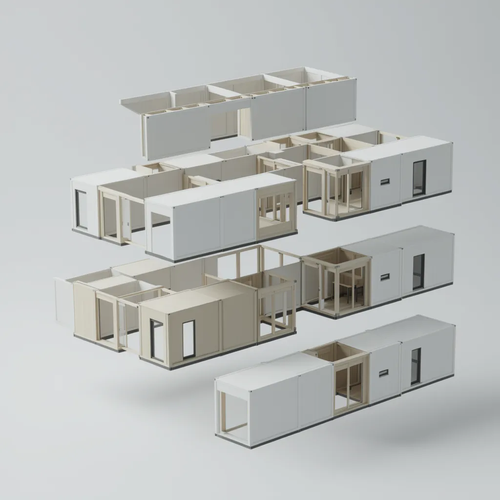 3D exploded diagram showing modular housing units connecting to form a duplex layout