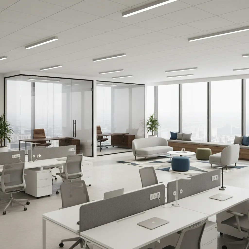 modular office workspace with collaboration areas private offices and flexible meeting spaces