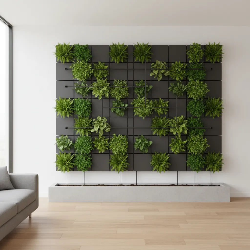 modular panel indoor green wall system with structured plant layout
