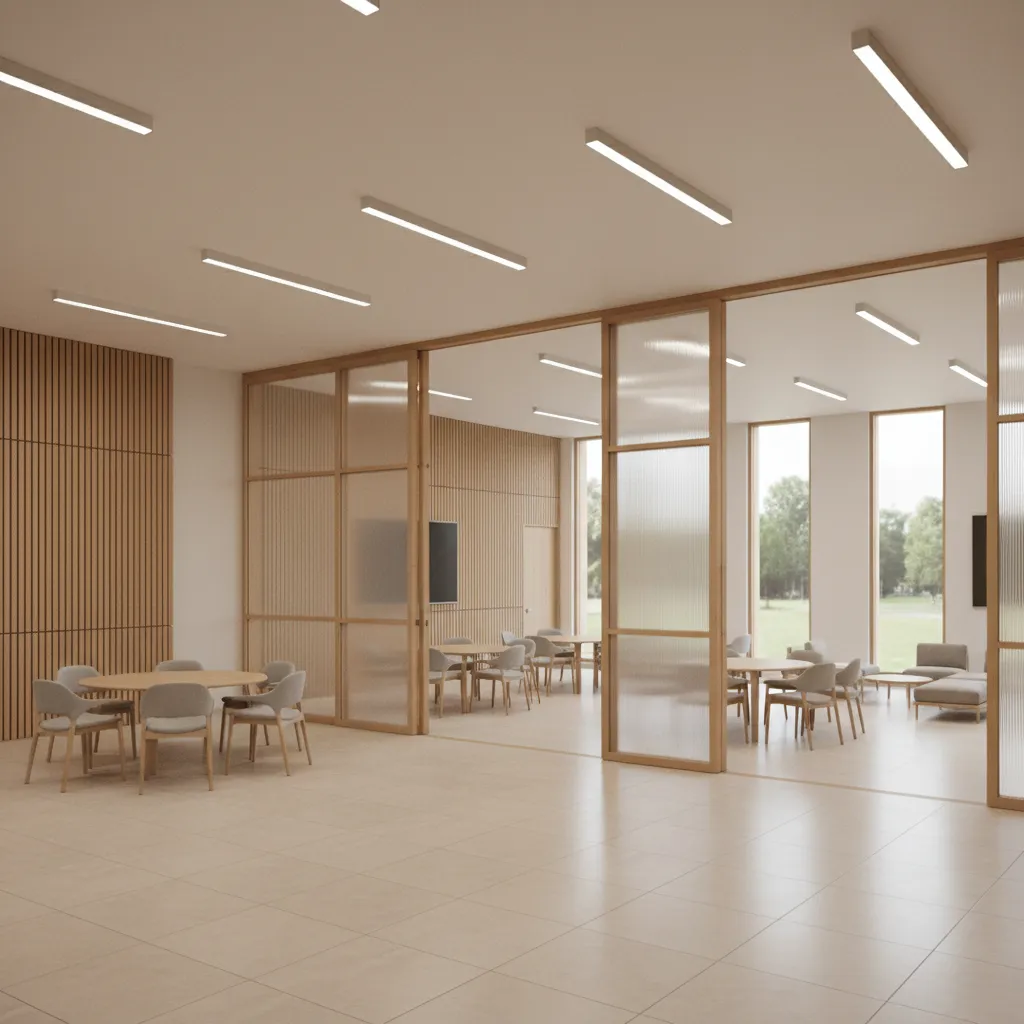 Community hall with movable partition walls dividing event spaces