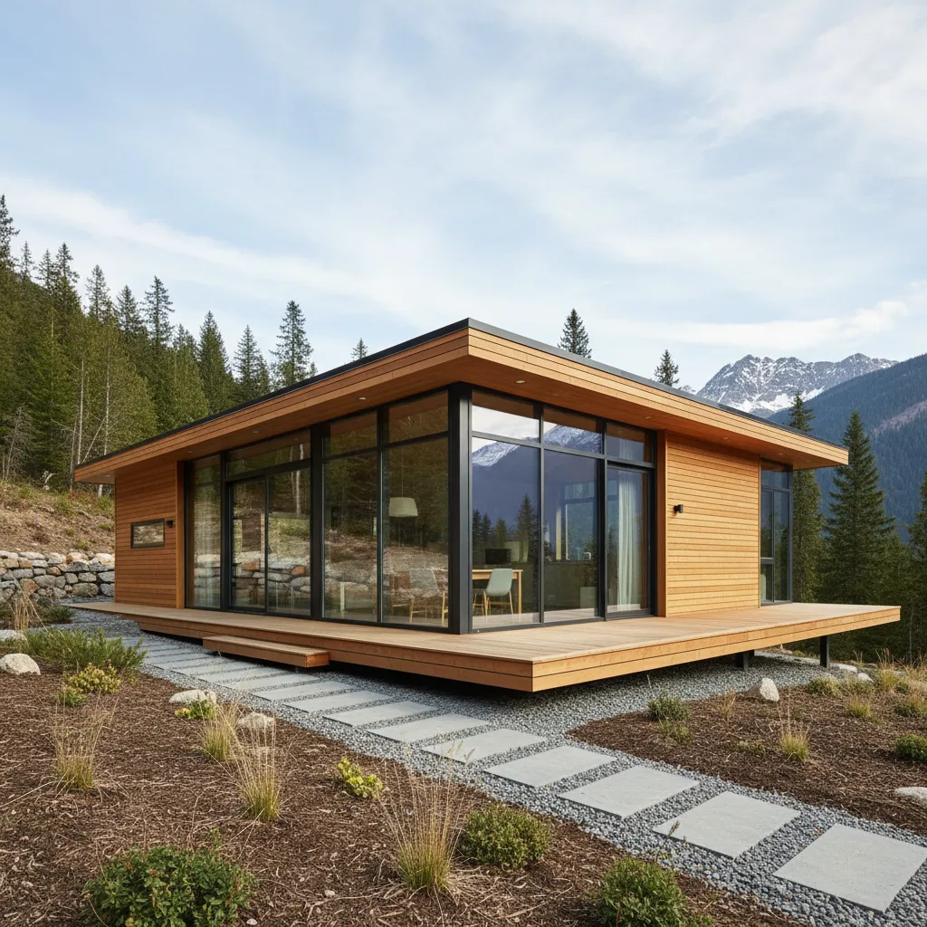 Vista exterior de una casa modular prefabricada moderna