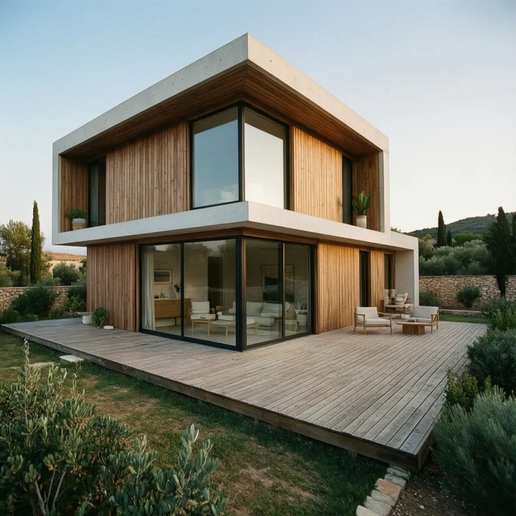 Exterior de casa prefabricada modular moderna con terraza y jardín