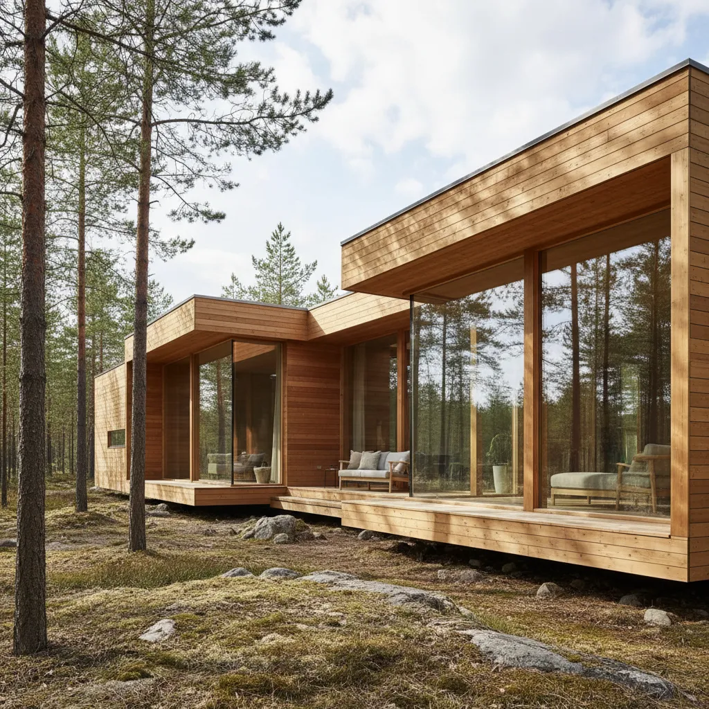 Casa modular prefabricada moderna con paneles de madera y grandes ventanales