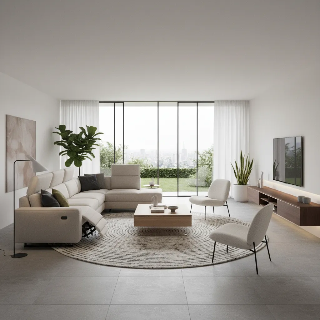 Large modular reclining sectional sofa arranged in open concept living room