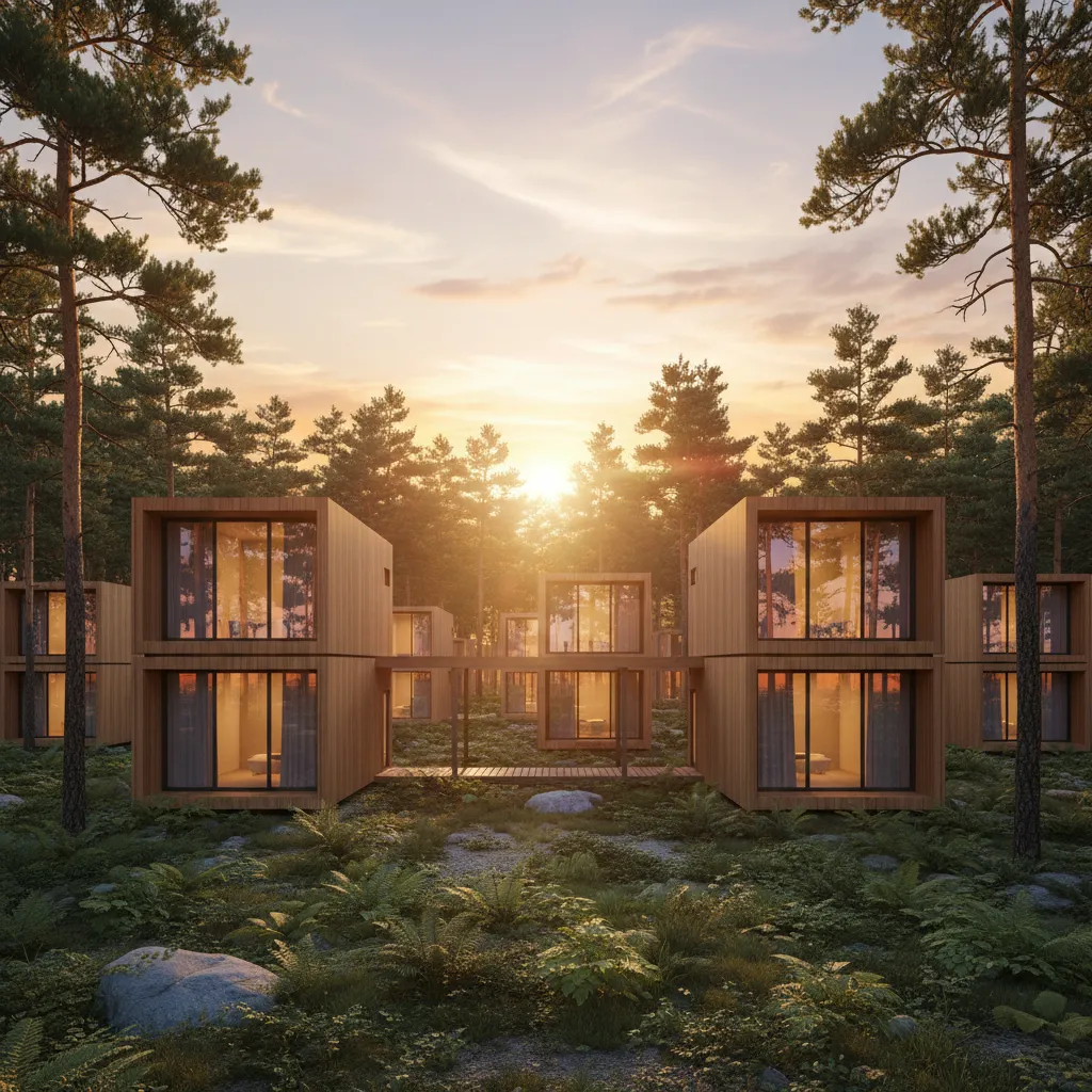 Modern modular resort cabins arranged in a natural landscape