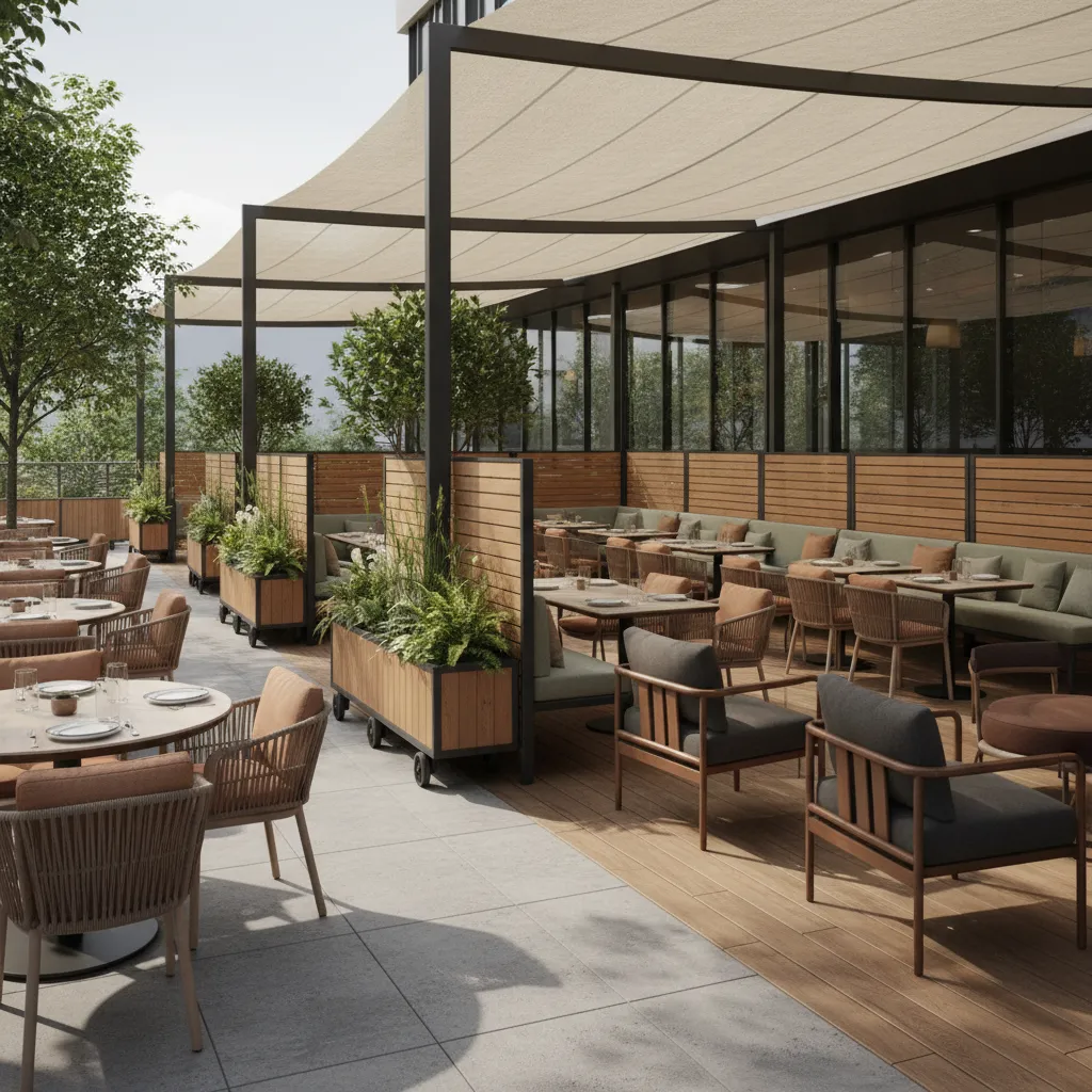 Restaurant patio with movable divider panels and planters
