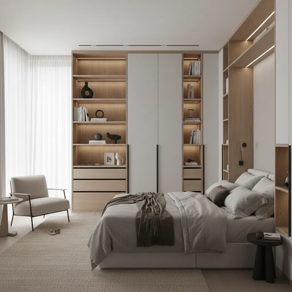 Habitación organizada con módulos de almacenamiento y estanterías