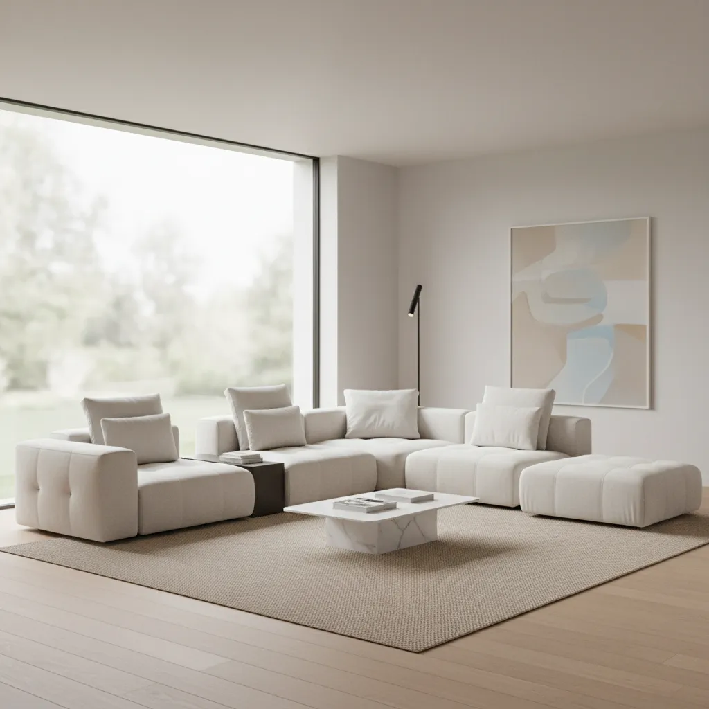 Flexible modular seating pieces arranged in a square living room