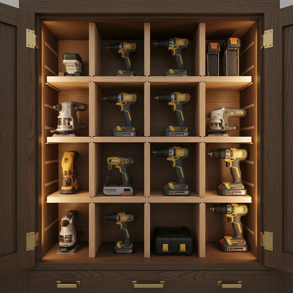 power tool cabinet with adjustable shelves and modular storage dividers