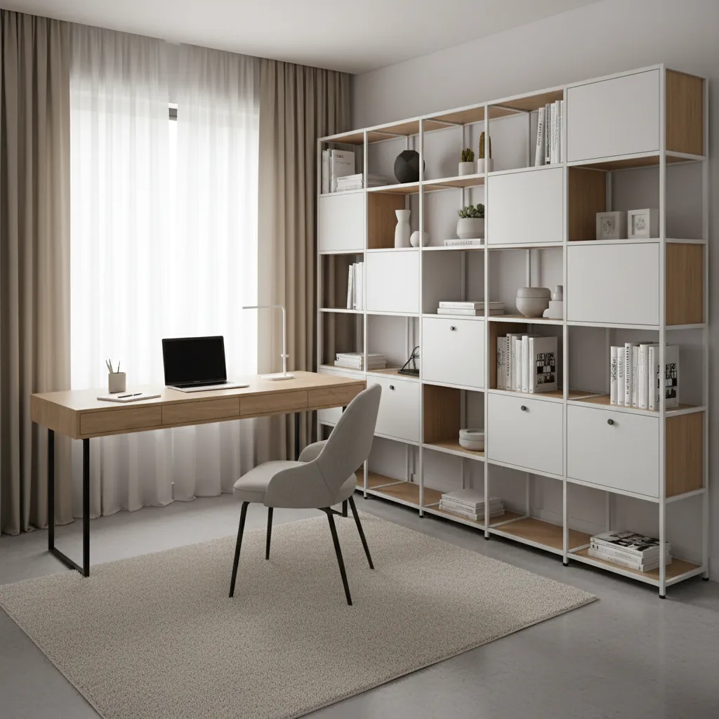 modular shelving and furniture system used in a flexible apartment workspace