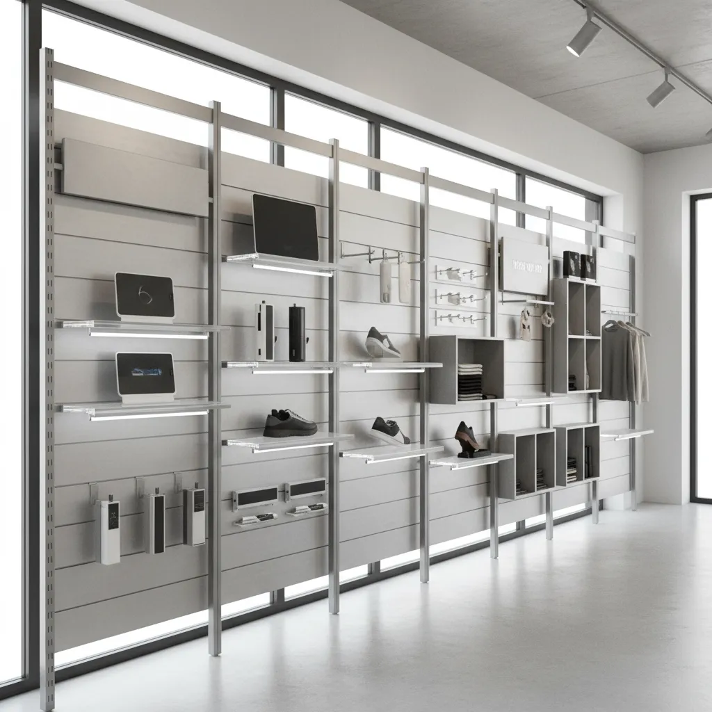 Retail showroom modular wall display system with adjustable panels and product sections