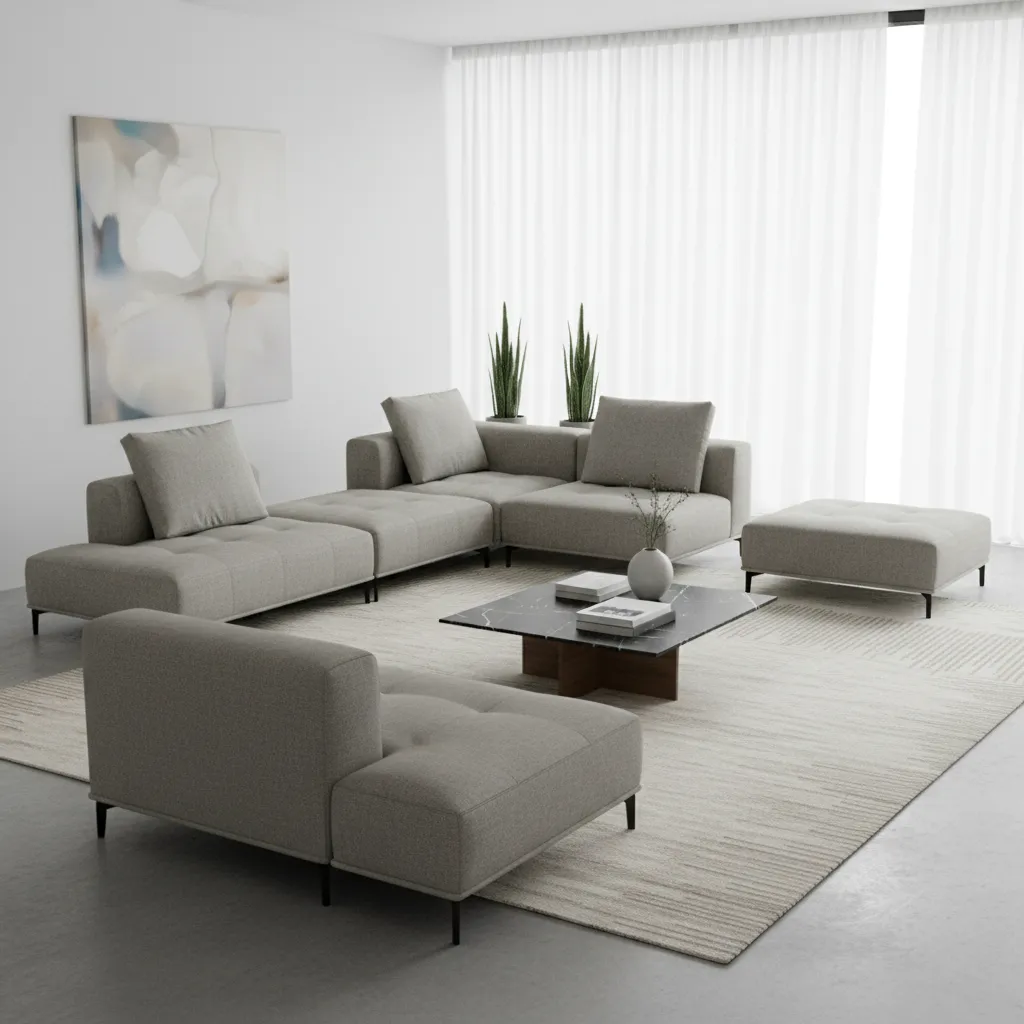 Modern living room with large grey sofa, black coffee table, white curtains, and wall art