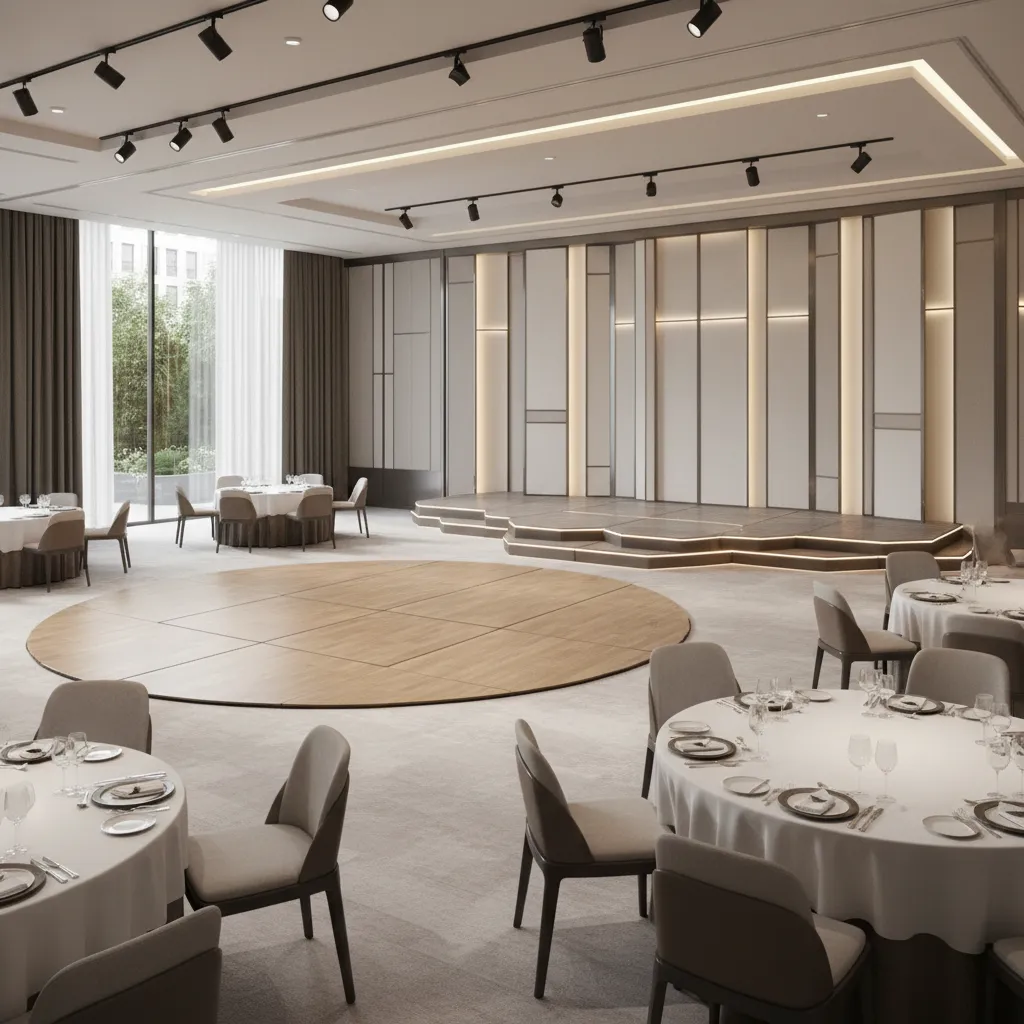 Banquet hall with modular stage and dance floor setup