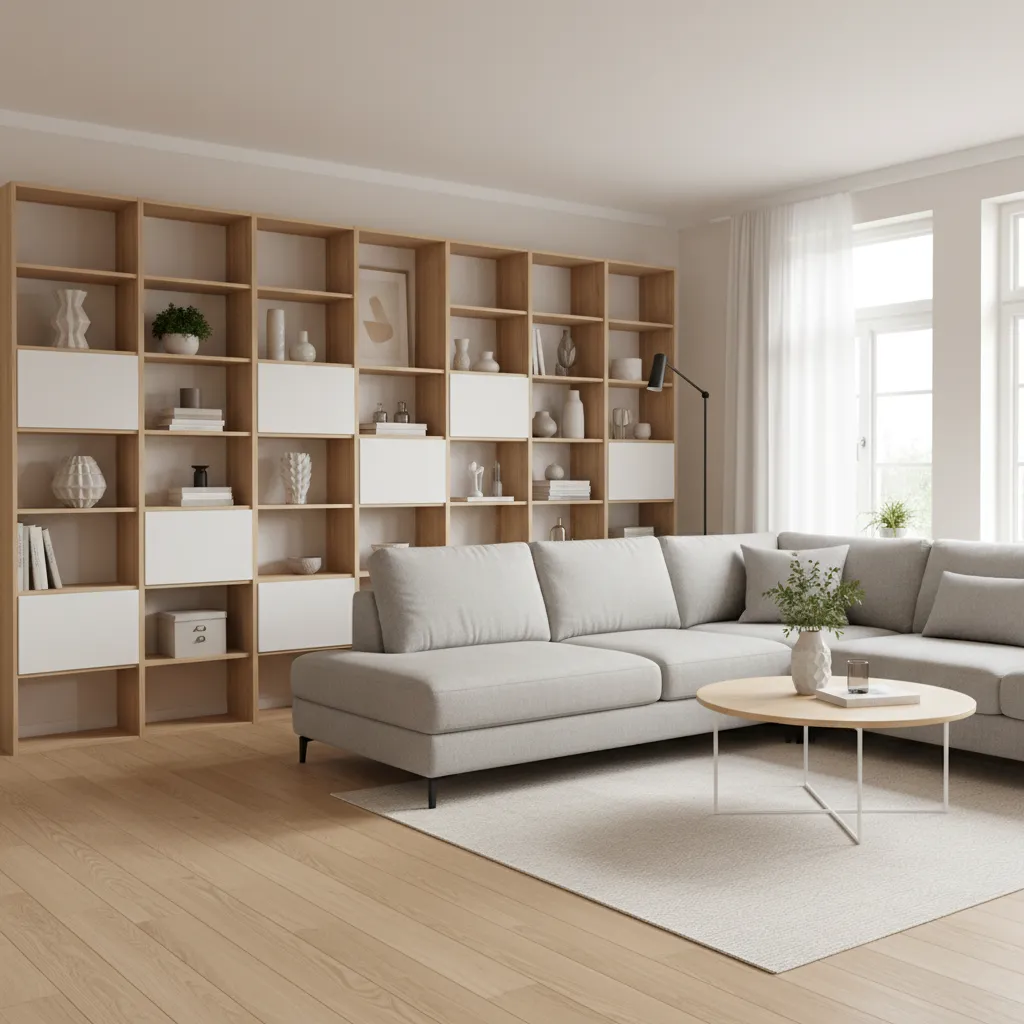 Sistema de almacenamiento modular en un salón moderno