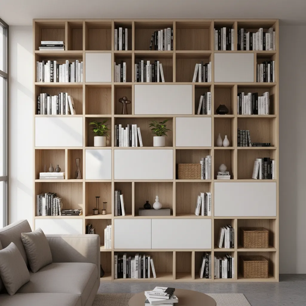 Modular wall storage system in a small modern apartment