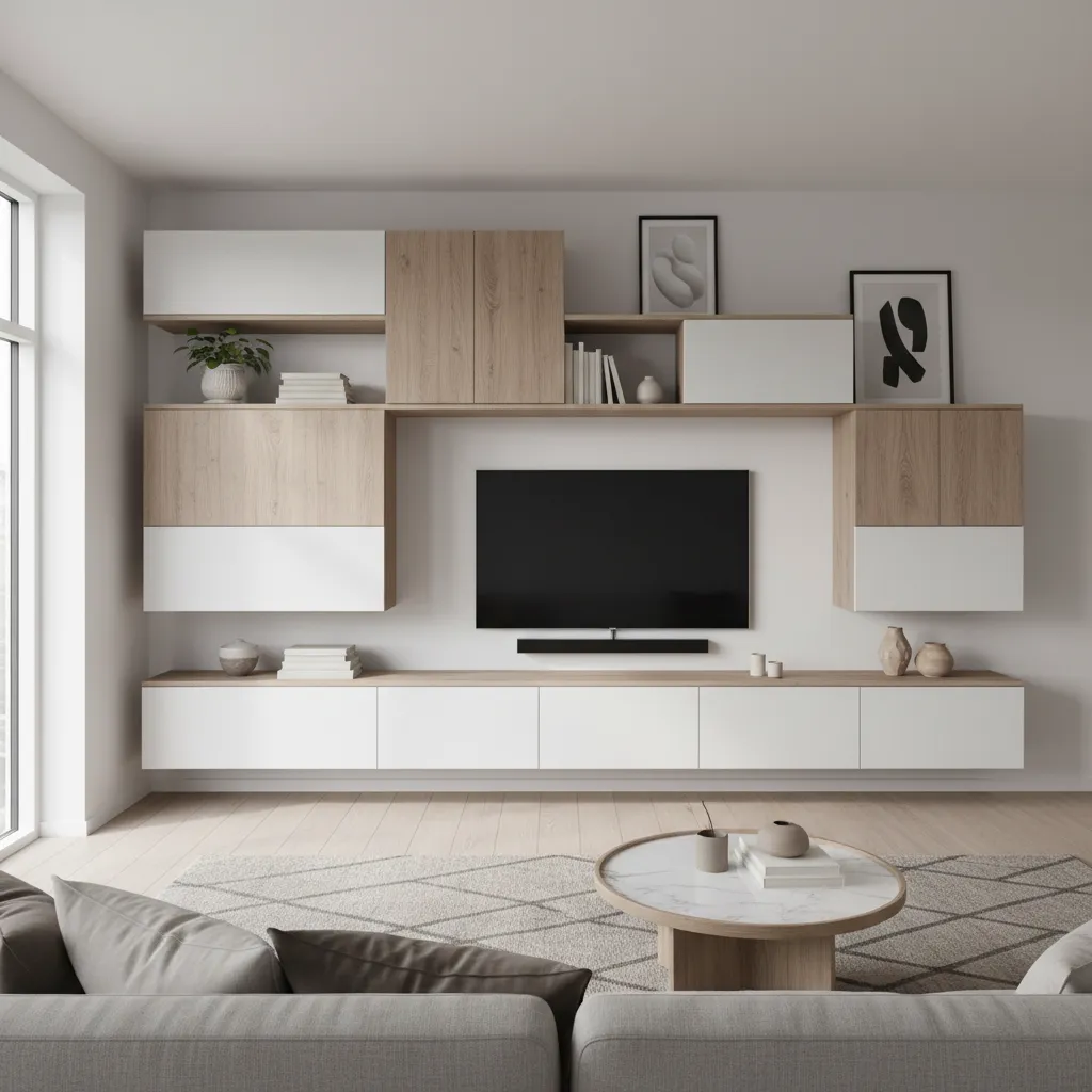 Sistema de almacenamiento modular en una pared de salón