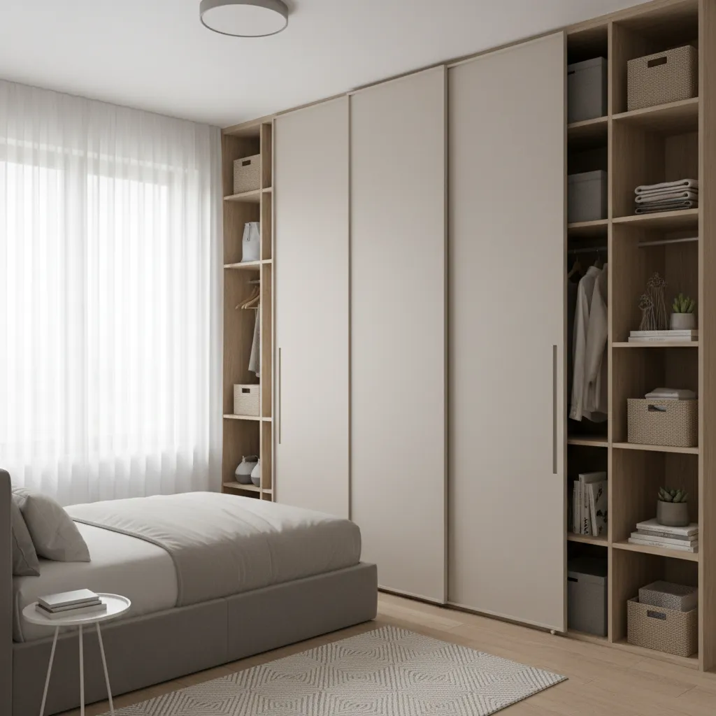 Vertical modular storage wall maximizing space in a compact apartment bedroom